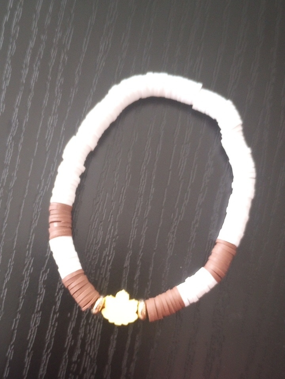 Autumn Fall Beaded Stretchy Bracelet White and Brown Discs and Yellow Maple Leaf